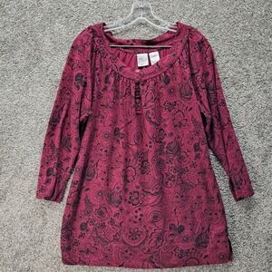 Just My Size Womens 1X Tunic Top Red Floral Paisley Henley 3/4 Sleeve JM9439P